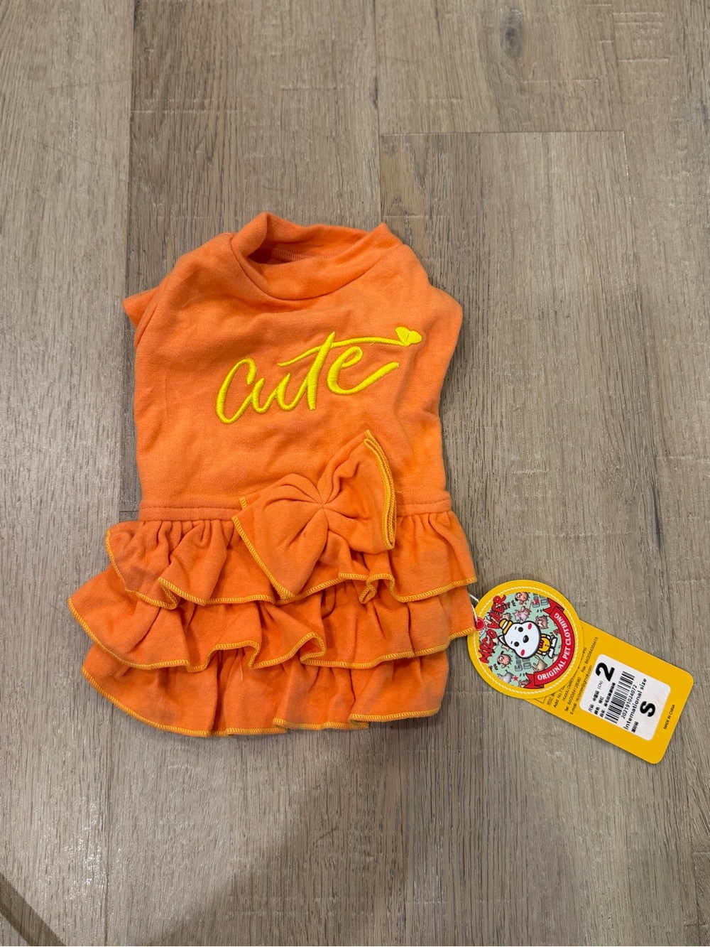 Nico Vaer Orange Yellow Cotton Ruffled Dog Dress w/ Bow Embroidered "Cute" S